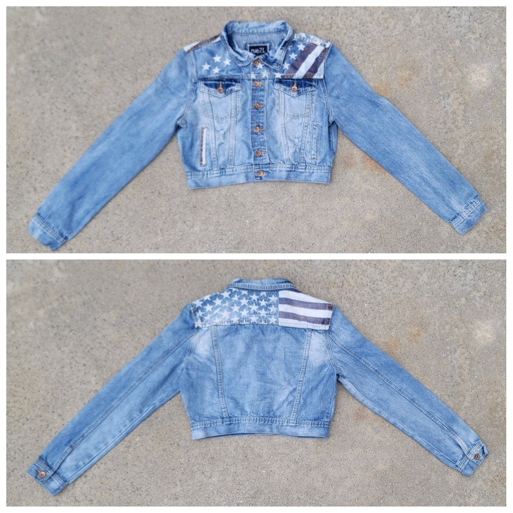 Rue 21 American Flag Cropped Denim Jacket Juniors
